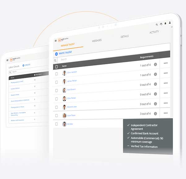 WorkMarket interface showing labor clouds and a list of contractors