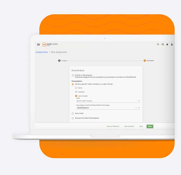 WorkMarket interface showing route & send options for a new assignment