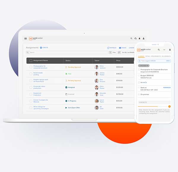 WorkMarket interface showing assignment dashboard in desktop and mobile screens