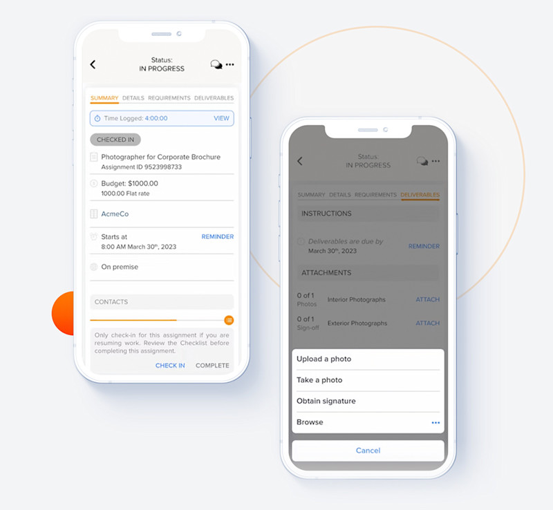 Two WorkMarket mobile app interfaces showing assignment check in and upload features