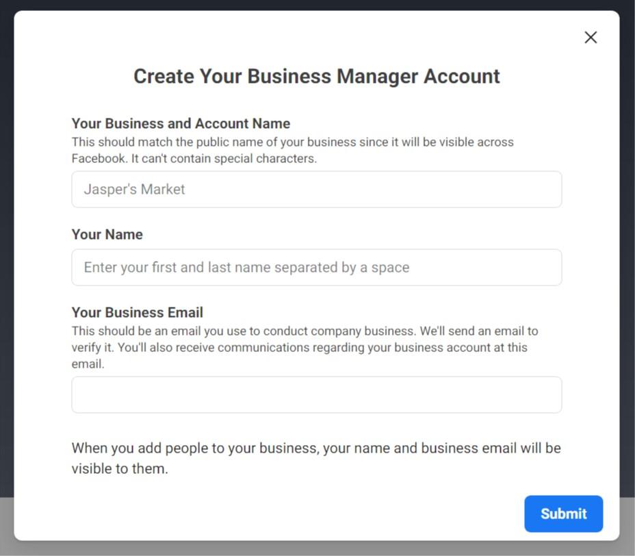 Filling in basic information in Business Manager account creator