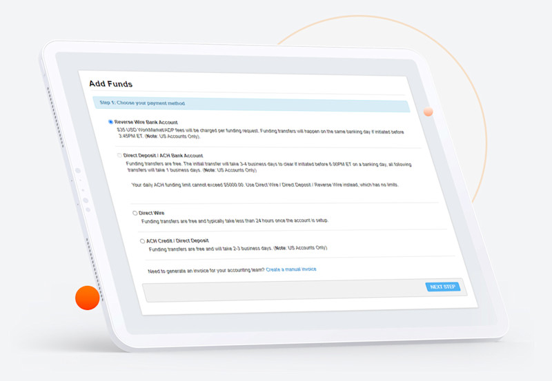 WorkMarket interface for the process to set up a payment method