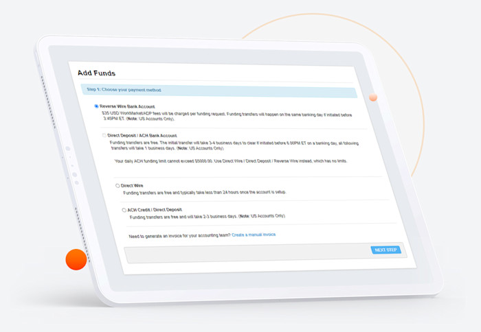 WorkMarket interface for the process to set up a payment method