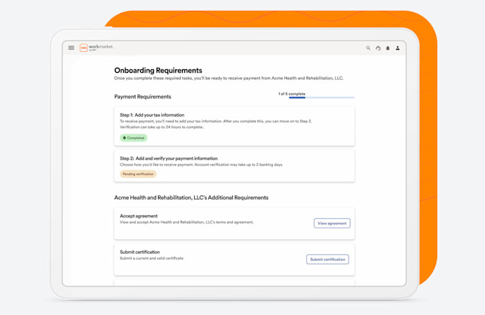 WorkMarket interface showing onboarding requirements