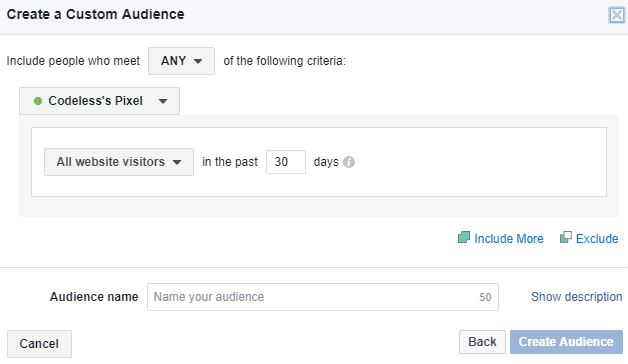 Custom audience creation window in Facebook