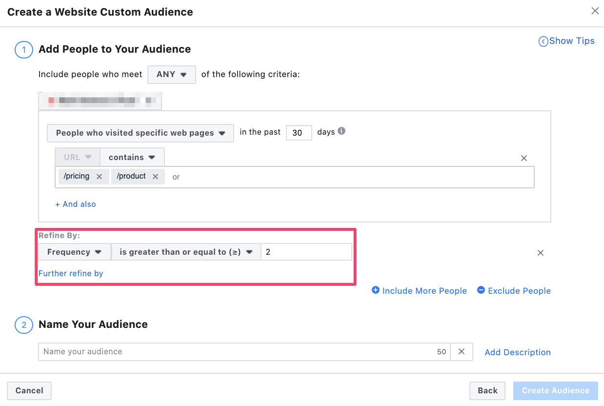 Refining remarketing parameters in Facebook