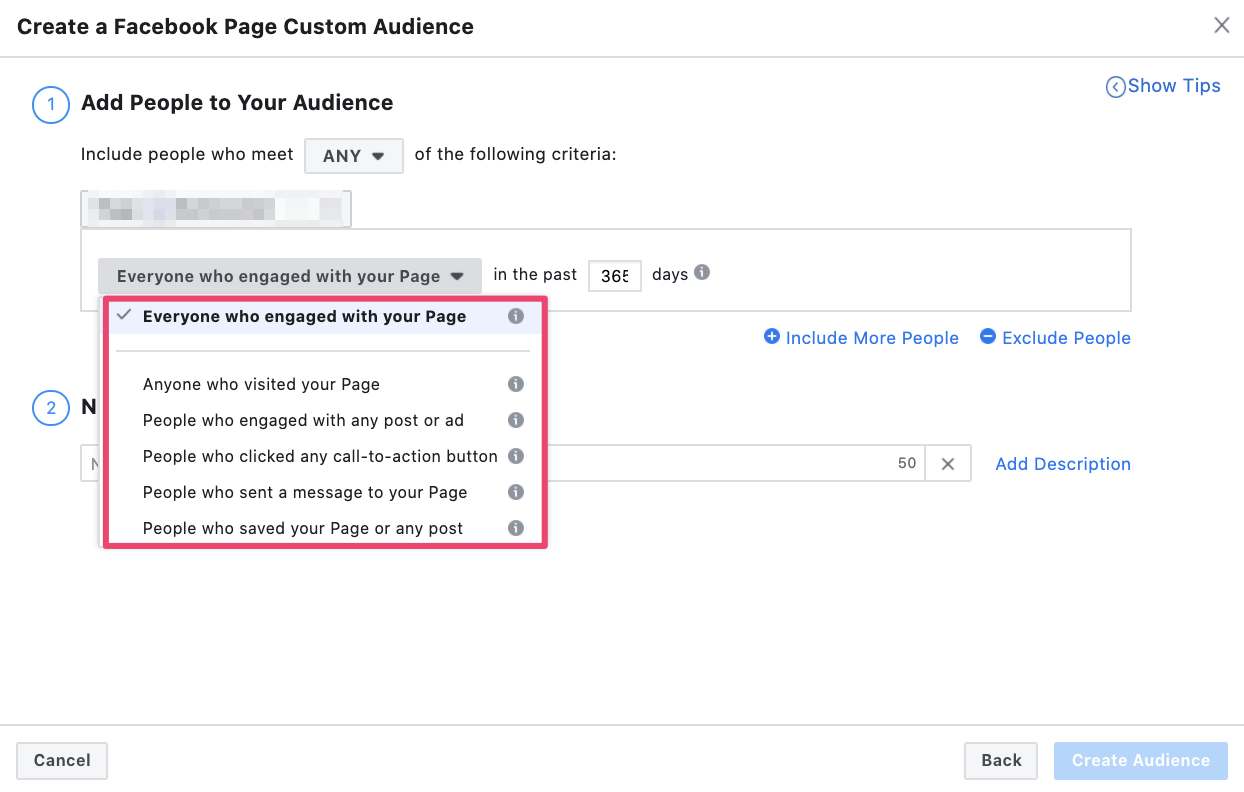 Facebook remarketing criteria based on engagement