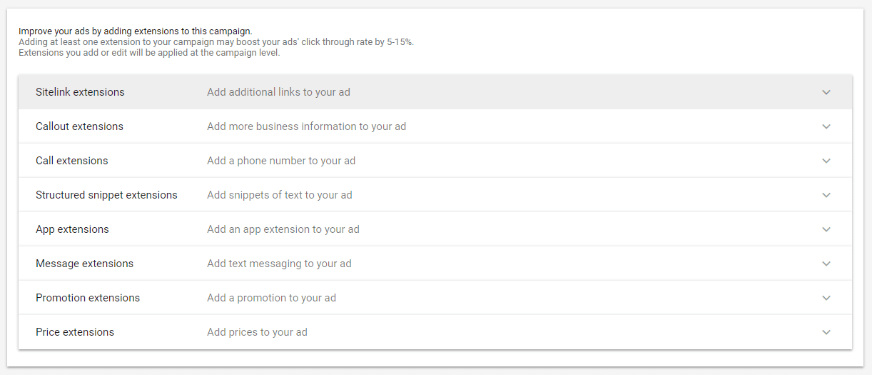 ad extension list in adwords