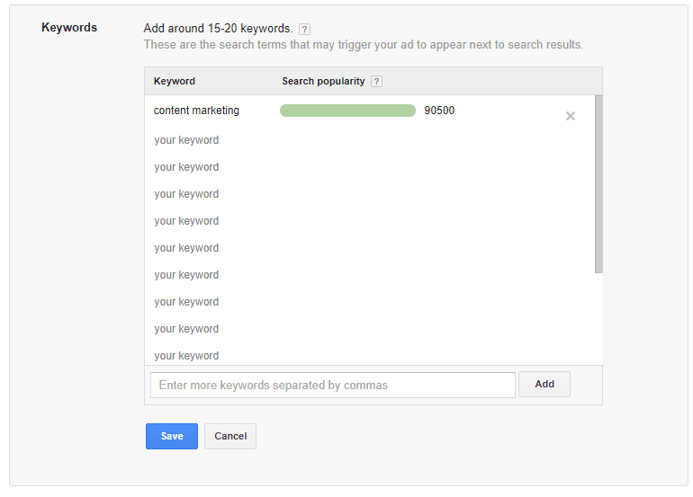 adwords keyword tool results