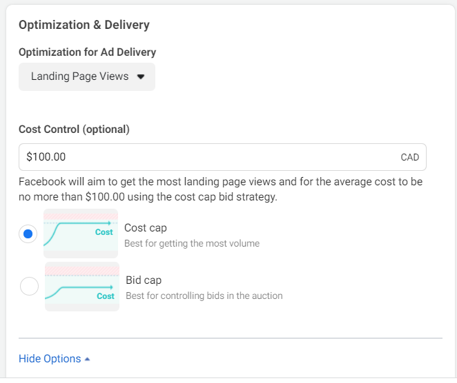 Cost control options in the "Optimization and Delivery" section on Facebook Ads Manager: Cost cap and bid cap