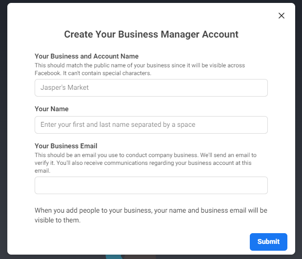 Facebook Business Manager "Create Your Business Manager Account" page