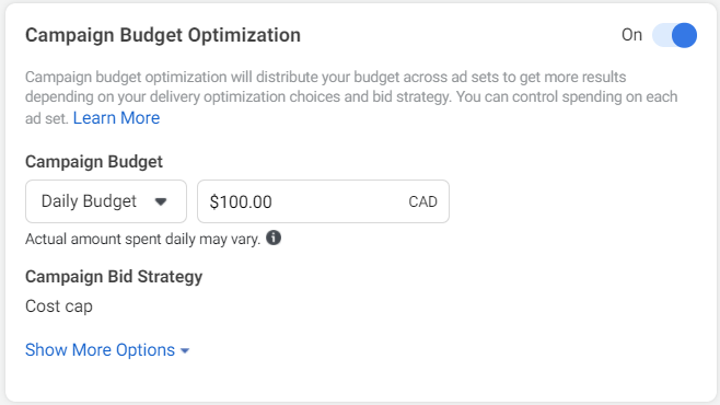 Setting a daily budget for a Facebook ad campaign in the "Campaign Budget Optimization" section of Facebook Ads Manager