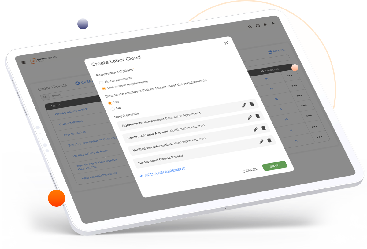 WorkMarket interface showing the screen to add requirements to a labor cloud