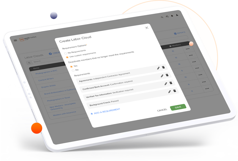 WorkMarket interface showing the screen to add requirements to a labor cloud