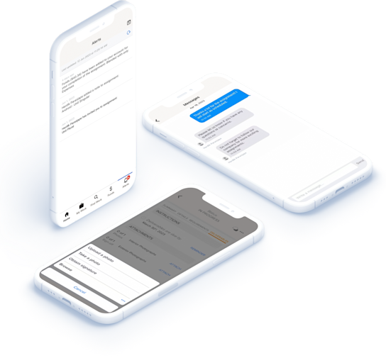 3 mobile WorkMarket mobile screens showing messages, upload and alert functionality