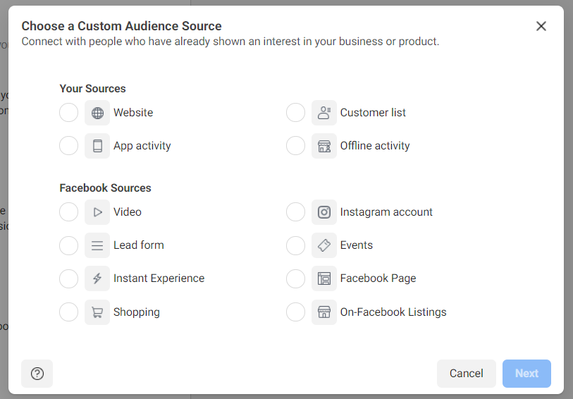 Choosing a Custom Audience Source: Web, App Activity, Customer List, Offline Activity, Facebook Sources