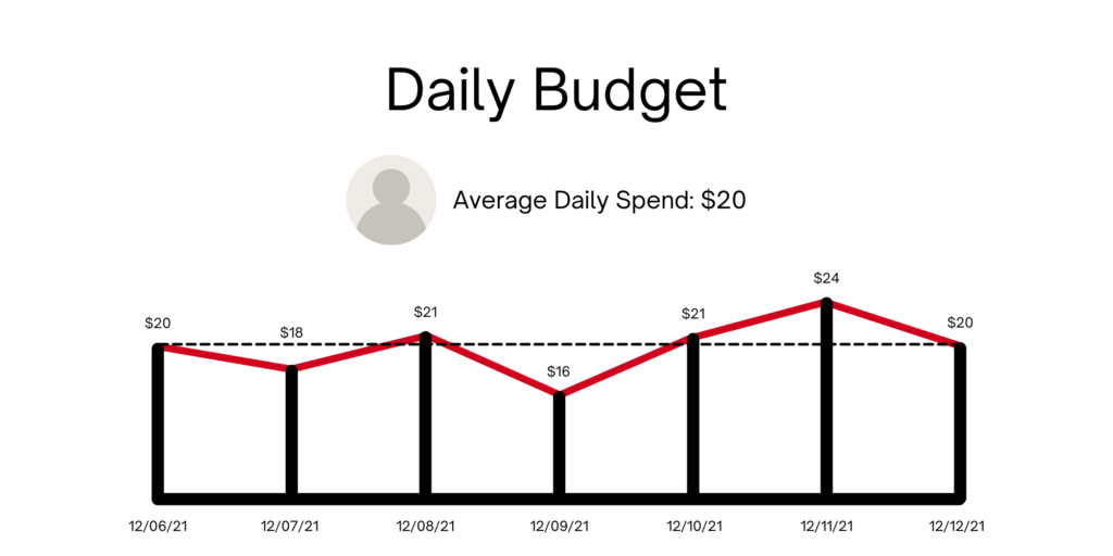 Daily budget graph showing an average daily spend of $20 over 7 days