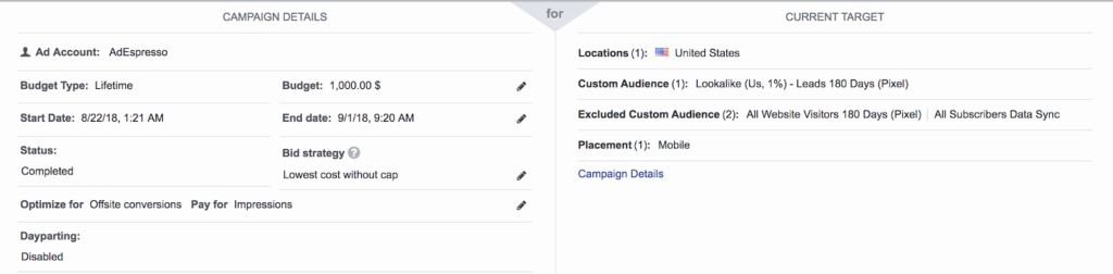 Facebook best CTA experiment ads details