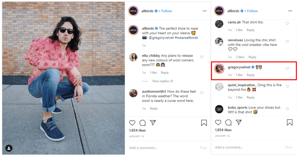 Allbirds tags the person featured in their post