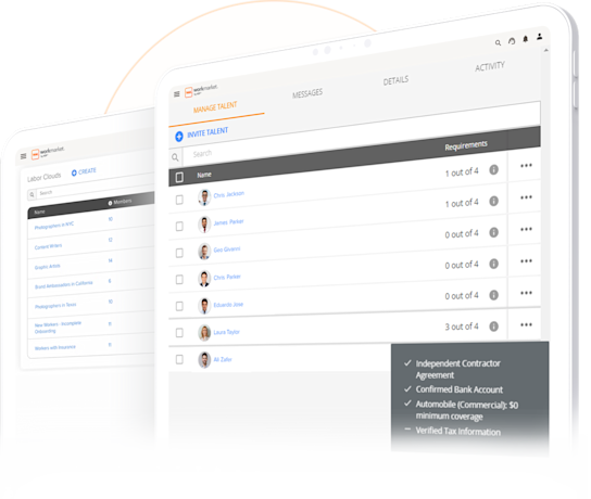 WorkMarket interface showing labor clouds and a list of contractors