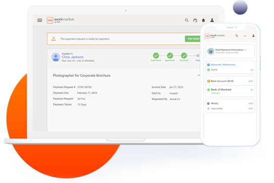WorkMarket interface showing payment preferences in desktop and mobile screens