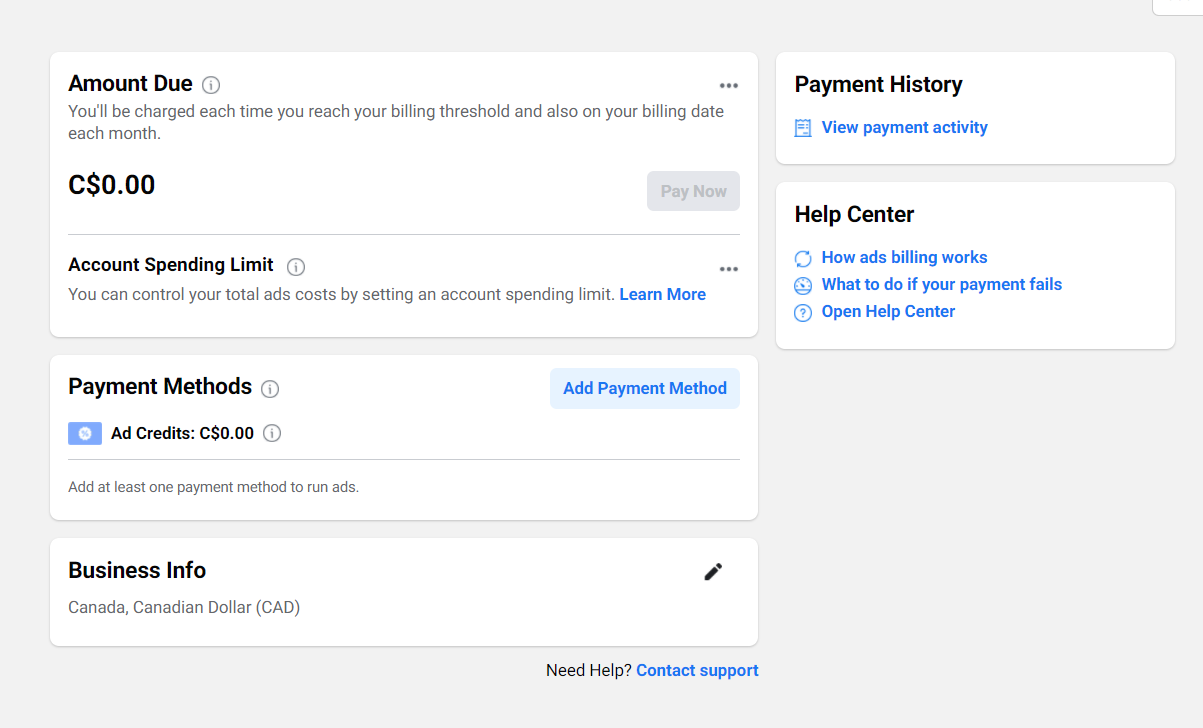 Payment settings in Facebook Business Manager