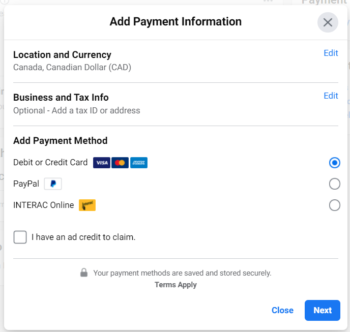 Add Payment Information screen in Facebook Business Manager