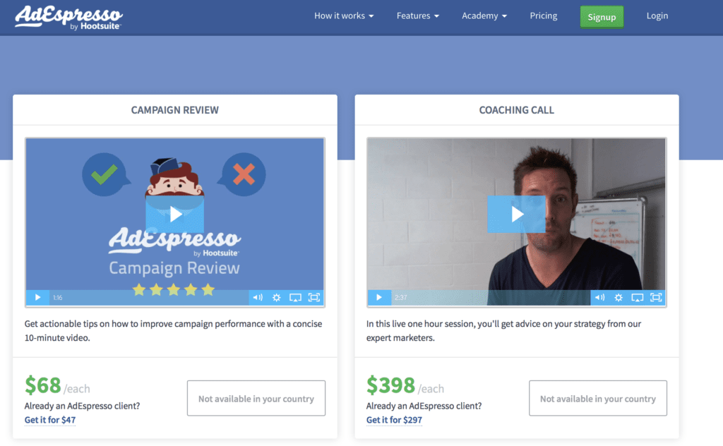 Image showing pricing for Campaign Reviews and coaching calls through AdEspresso 