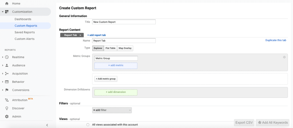 Google Analytics report creation options