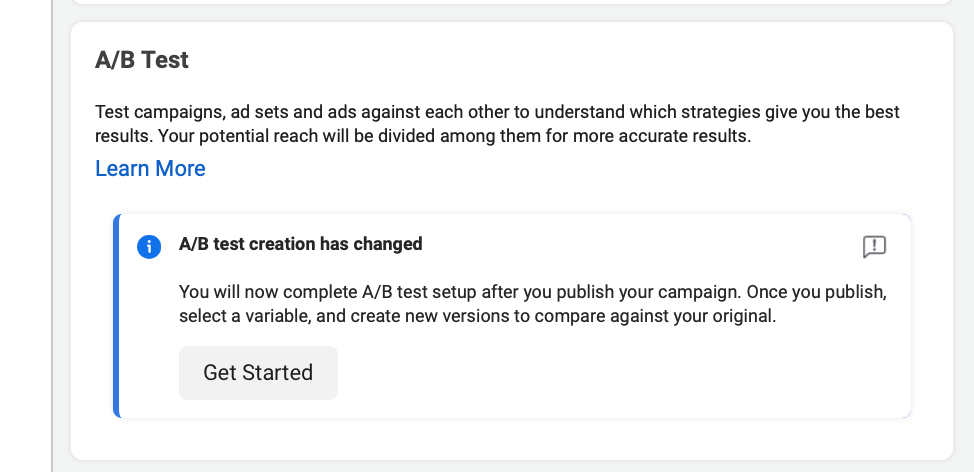 A/B testing set up on Facebook Ads 