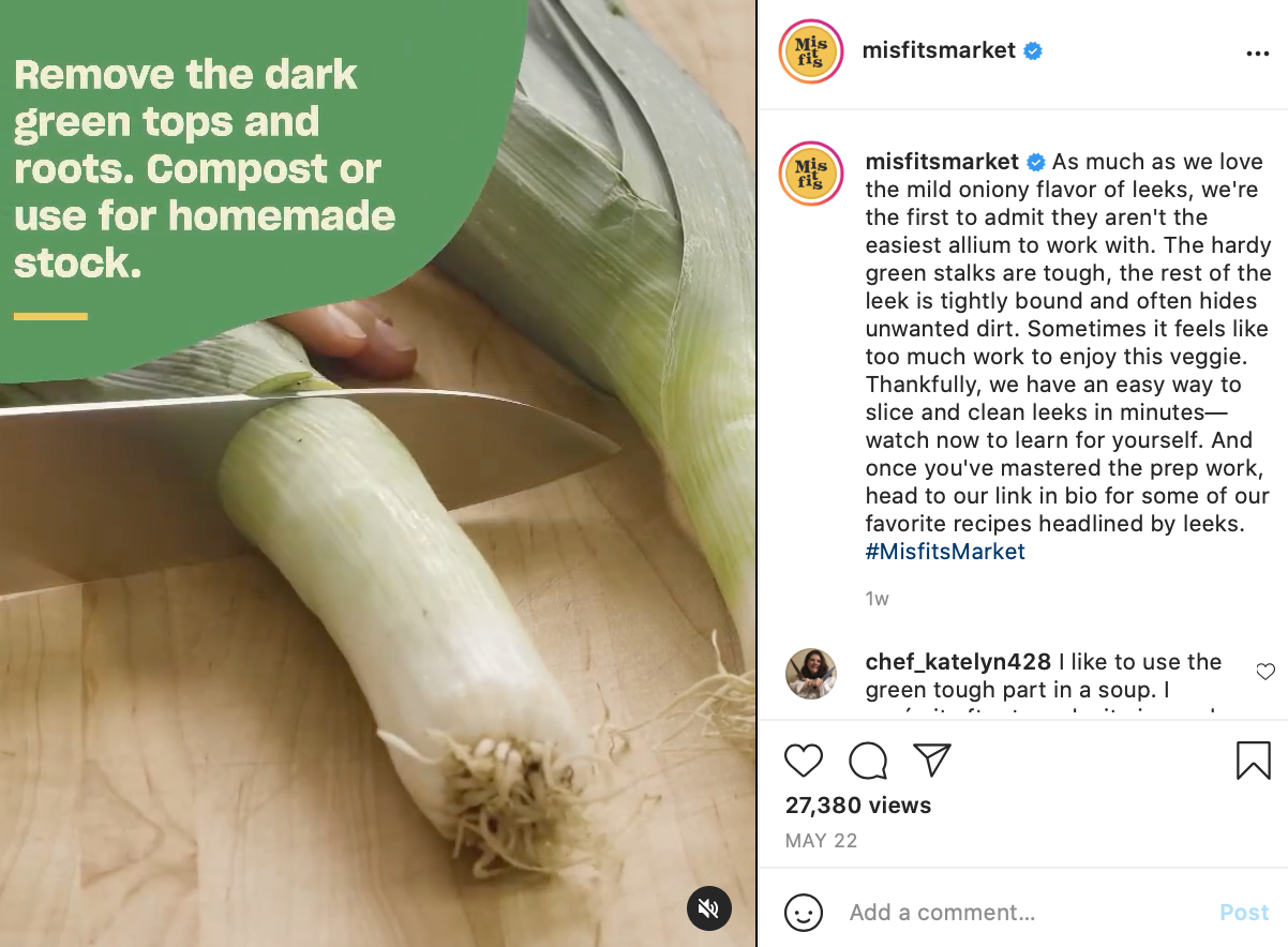 Instagram post showing video tutorial cutting leeks 