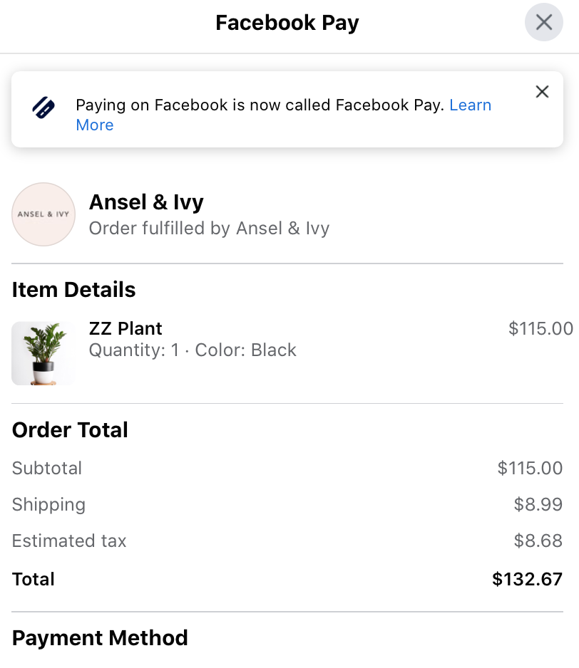 Facebook Shop with on-site Facebook Pay 