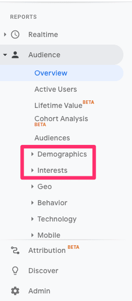 Google Analytics sections highlighted