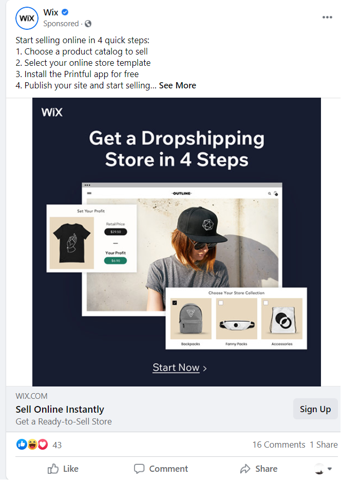 Facebook ad design from Wix 1