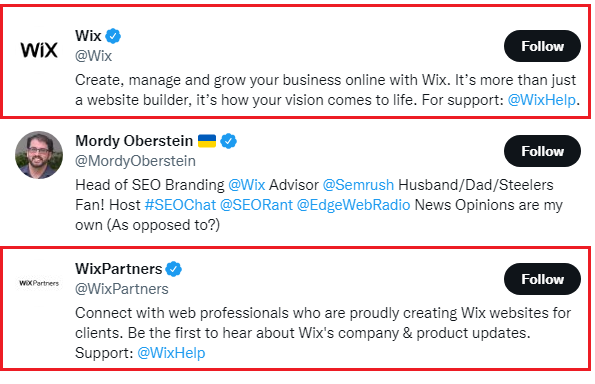 Wix accounts in Twitter search