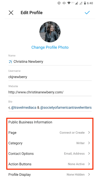 Instagram settings - public business information