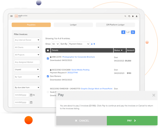 WorkMarket interface showing invoices to be paid and the payment confirmation pop up